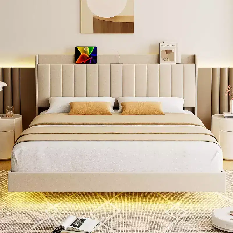 Floating Bed Frame with Storage Headboard, LED Lights, USB Charging Station, Solid Wood Slats, Beige, Noise-Free