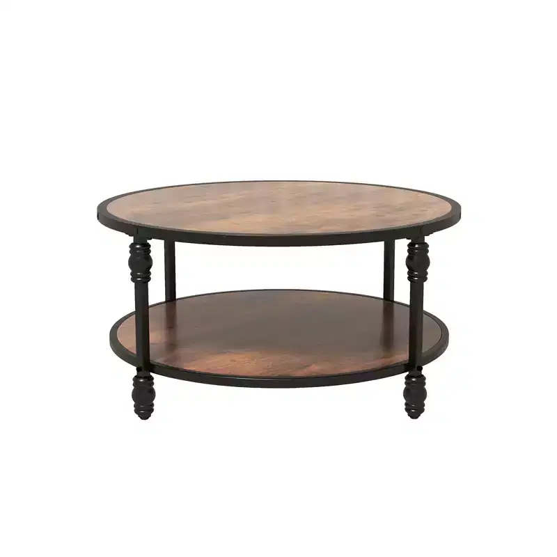 Brown Round 2-Tier Coffee Table with Metal Frame – For 1