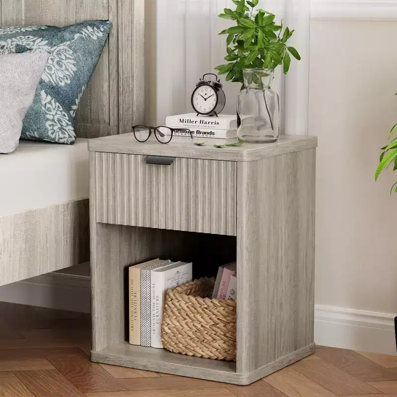 Scandinavian Nightstand with Recessed Drawers Storage Cabinet Large Modern Mid-Century Wooden Nightstand