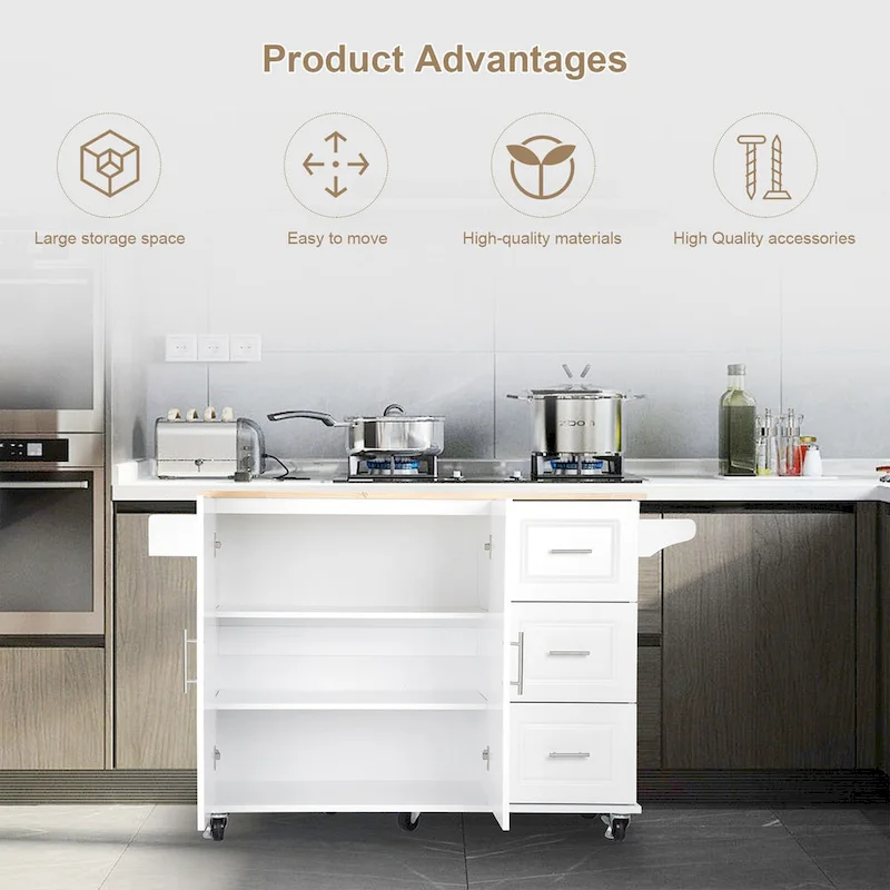 Mobile Kitchen Island & Kitchen Cart,With Extendable Rubber Wood Top and 3 Drawers - 53.93(L) x 17(W) x 36.22(H