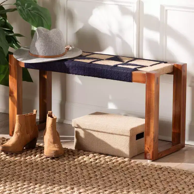 bali & pari Jerilyn Two Tone Seagrass and Acacia Wood Accent Bench Navy Blue/Brown/Natural Brown: Bohemian Style, No Assembly Required