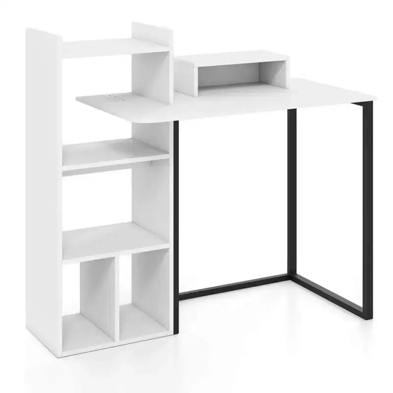 Costway Computer Desk with Charging Station 43.5 Study Desk with Ergonomic Monitor Stand White & Black