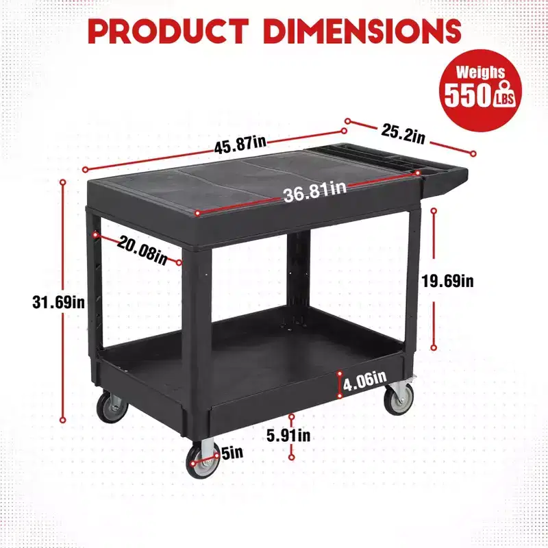 Service Cart - Large Heavy-Duty Plastic Flat Top (45.8 x 25 Inch), 2-Tier with 360 Swivel Wheels (2 with Brakes), 550 lbs Capacity, Black
