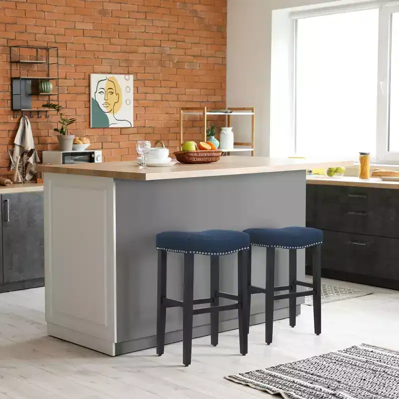 WestinTrends 29 Upholstered Saddle Seat Bar Stool (Set of 2), Black/Navy Blue