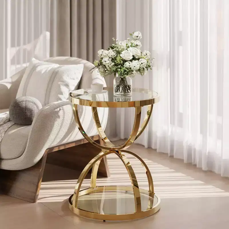 Leda 19.69'' Modern Glass Side Table with 2 Tiers, Ring-Shaped Frames