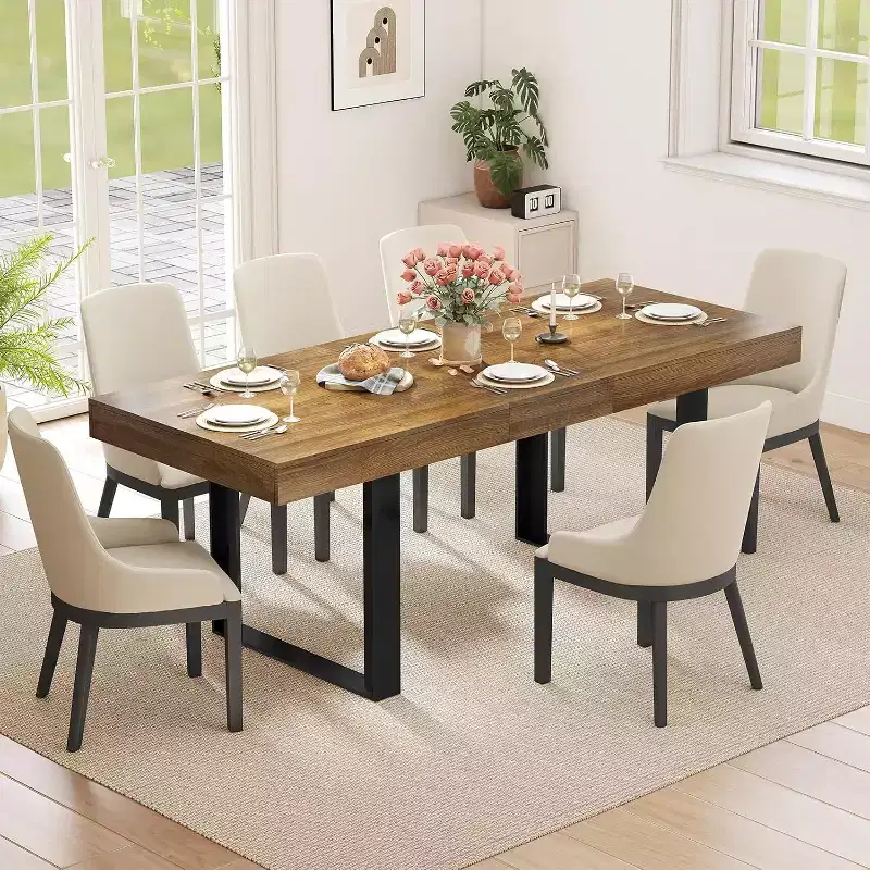 Zevemomo 63-78.7 Expandable Dining Table, 6-10 Rectangular Kitchen Table with Metal Track, Tapered U-Shaped Legs for Dining Room, Office-Brown