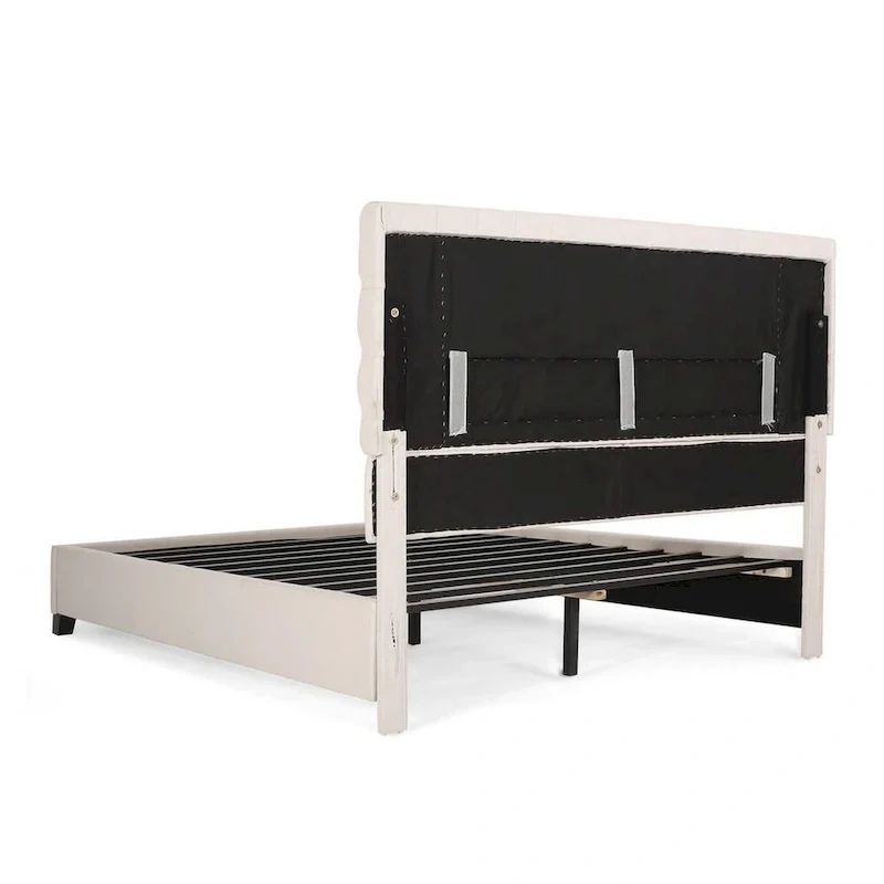 Platform Queen Size Bed, Ivory Polyester, Button Tufting