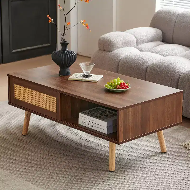 Rattan Coffee Table Sliding Door for Storage Solid Wood Legs Modern Table for Living Room Walnut Color