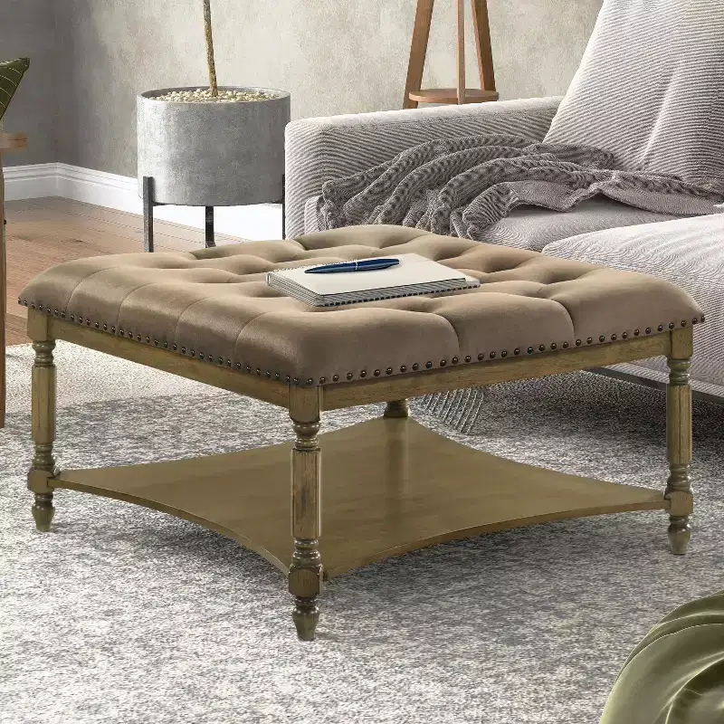 Upholstered Coffee Table - Antique Oak/Velvet Brown
