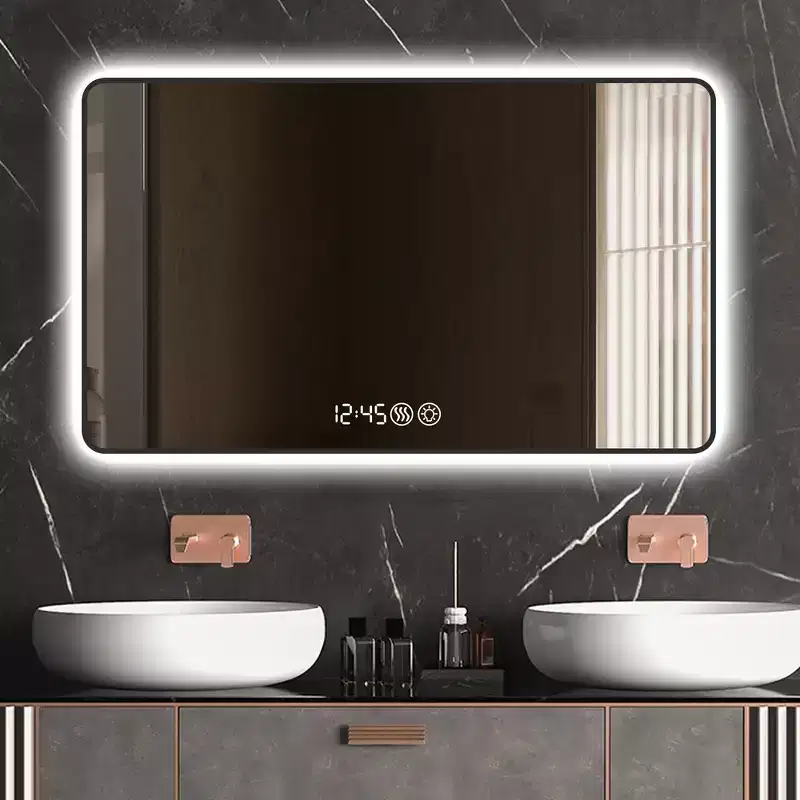 Whisen LED Bathroom Wall Mirror with Aluminum Alloy Frame and Defogging Function, Temperature & Time Display - Black