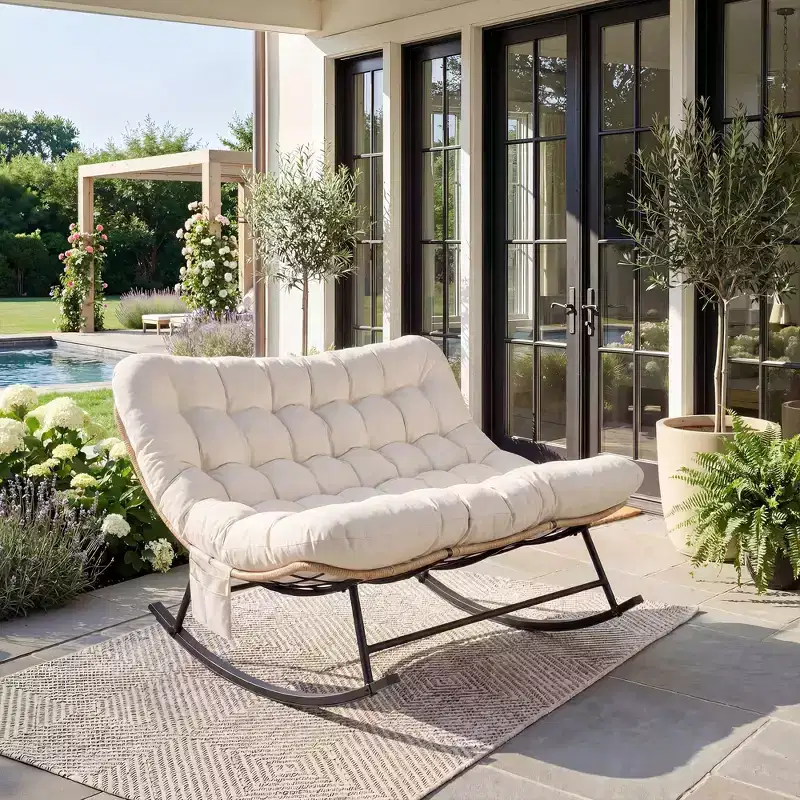 Outdoor Rocking Chair with Soft Fleece,Rattan & Rubber Wood Steel Frame, UV-Resistant Cushion,Side Pocket & 450lb Weight Capacity for Patio & Nursery