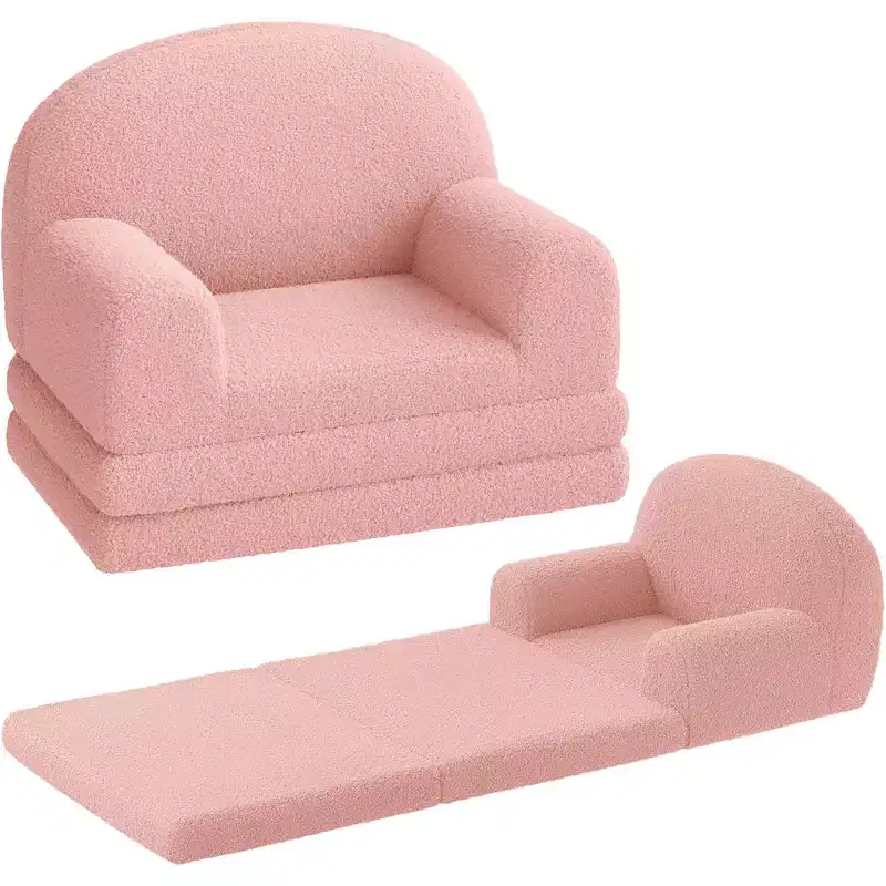 Kids Sofa Chair, 2-in-1 Convertible Toddler Couch Lounge, Comfy Fold Out Teddy Fleece Fabric Children's Sofa Bed for Playroom, Bedroom, Nursery