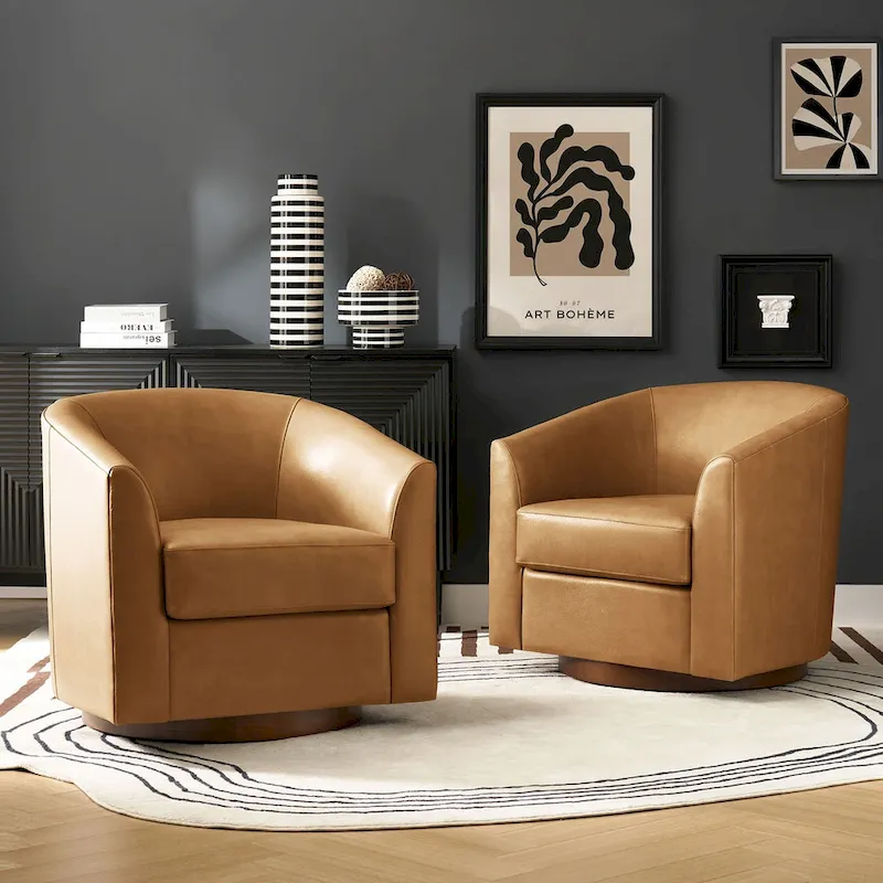 Modern Genuine Leather Swivel Barrel Chair with Solid Wood Base Set of 2