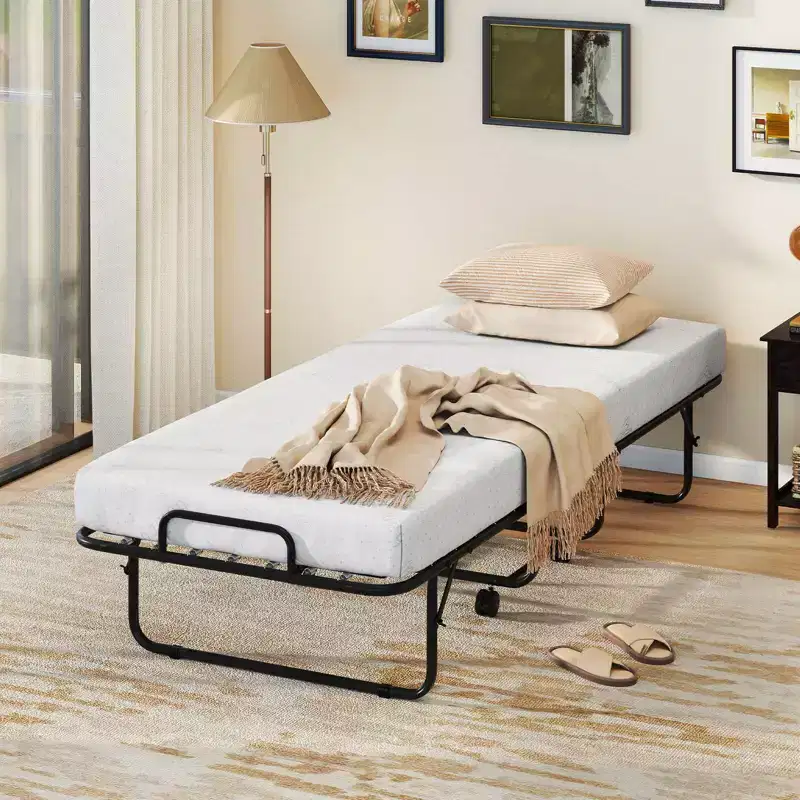 Folding Bed with Mattress 74 x 31 Cot Size Rolling Guest Bed Space Saving