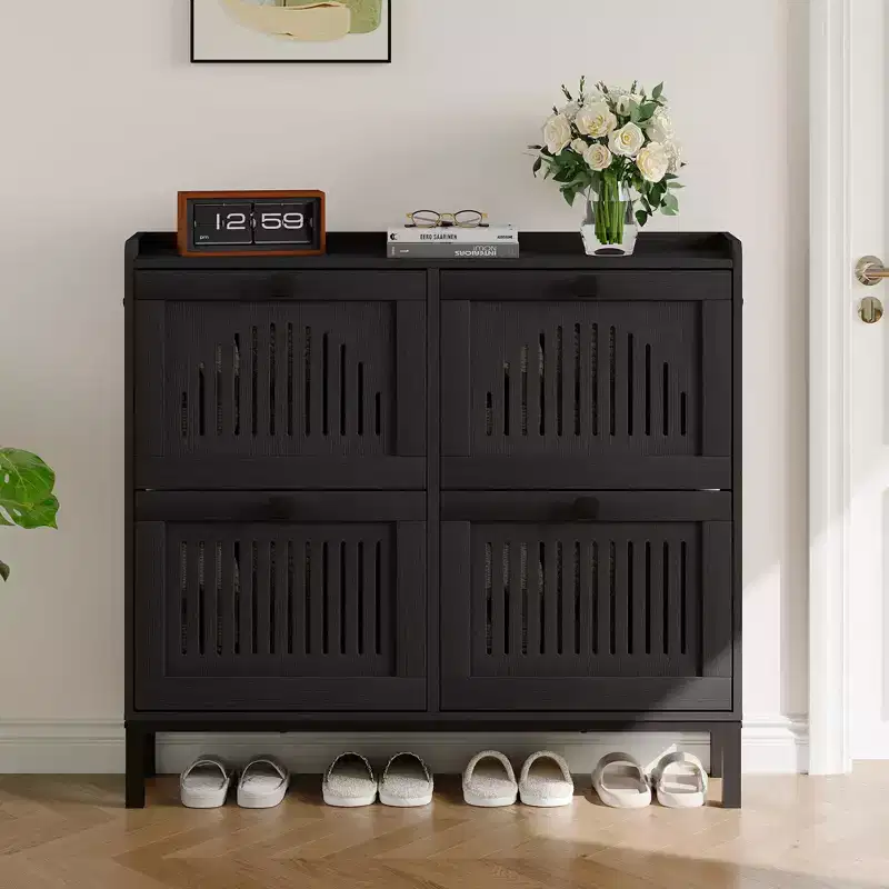 Shoe Storage Cabinet, Shoe Organizer - Modern 4-Door Flip-Up Design with Adjustable Shelves, Space-Saving for Entryway, Hallway & Living Room