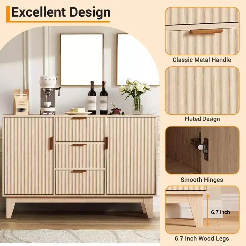 Sideboard Buffet Cabinet, 47.2in Fluted Accent Storage Cabinet with 3 Drawers 2 Doors - White for Kitchen Living Room Entryway
