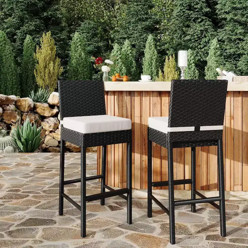 GustoWave Set of 2 patio wicker bar stools with cushions, no arms, for backyards and poolside