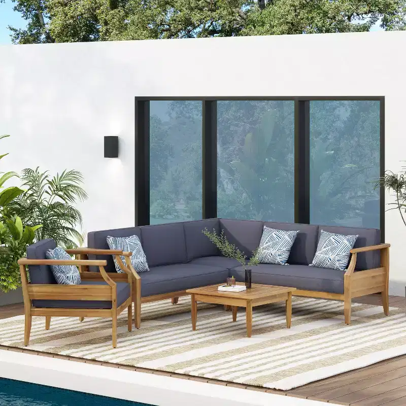 Christopher Knight Home Aston Acacia Wood Outdoor 5 Seater Sectional Chat Set with Club Chair, Teak and Dark Gray