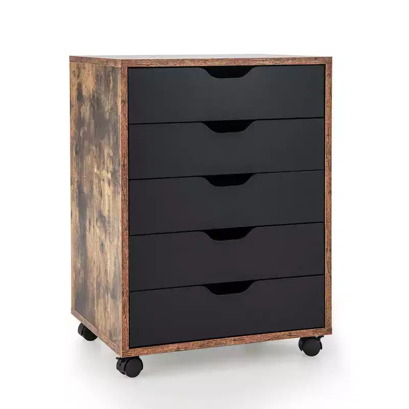 5 Drawer Chest Storage Dresser Floor Cabinet Organizer with Wheels Rustic Brown