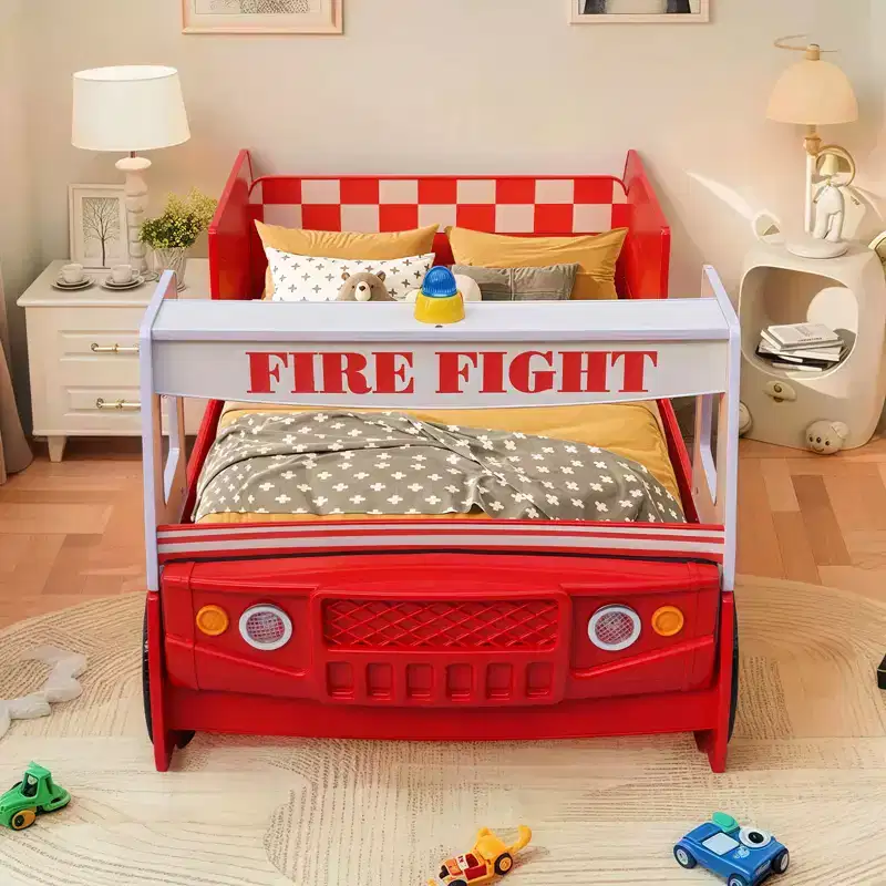GDFStudio Juna Twin Size Fire Truck Bed with LED Light