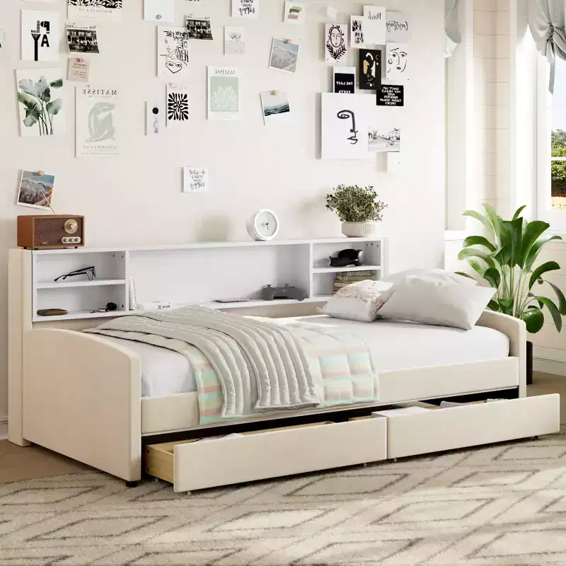 Twin Size Daybed Frame with 2 Storage Drawers and Side Storage, Velvet Upholstery Twin Bed for Kids and toddlers