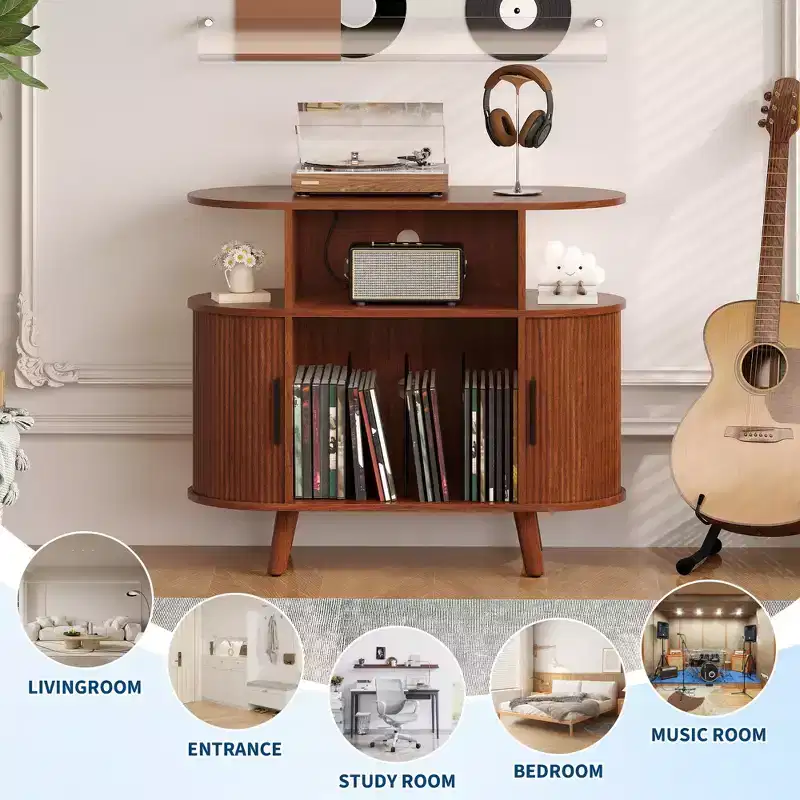 35'' Fluted Mid Century Modern Turntable Cabinet, Large Round Record Player Stand with Charging Station and Display Shelf, for Living Room