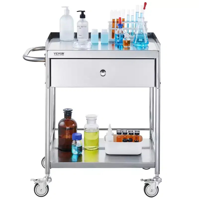 VEVOR Medical Cart, 2-Layer Stainless Steel Cart 220 lbs Weight Capacity, Lab Utility Cart with 360 Silent Wheels and a Drawer