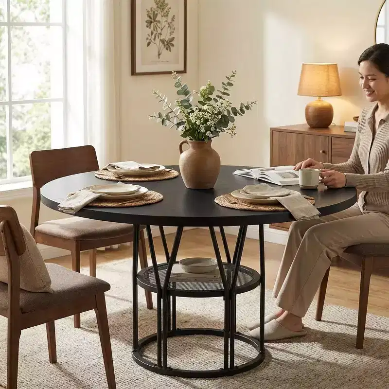 47 Modern Round Dining Table for 4-6 People, Circle Kitchen Dinner Table w/ Storage Shelf & Sturdy Metal Frame for Dining Room & Apartment