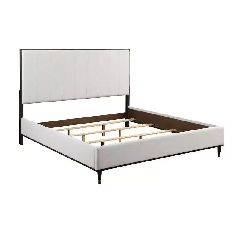 80.25" Eastern King Bed Carena Bed Light Gray Fabric White Brown Finish - Acme Furniture: Contemporary Upholstered Wood Frame
