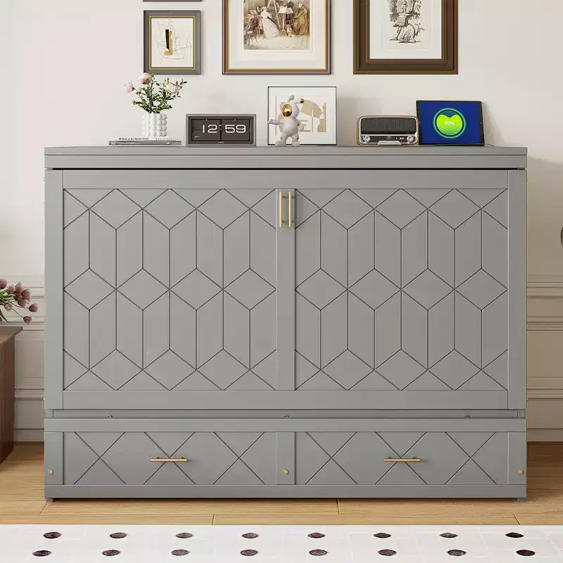 Queen Size Murphy Bed, Foldable Cabinet Bed with Drawer & Charging Station for Bedroom, Living Room - ModernLuxe