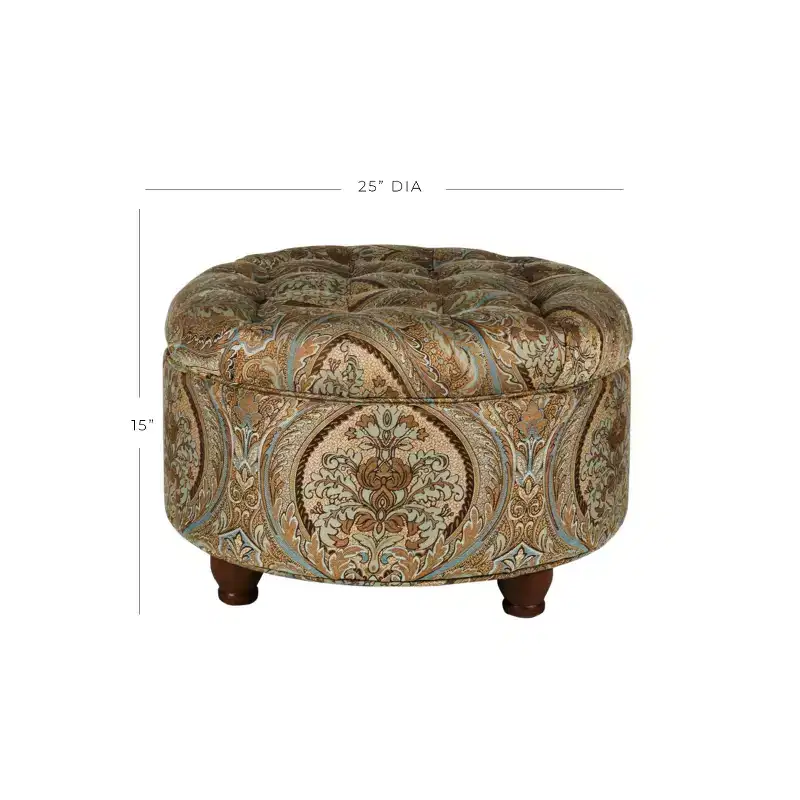 Button Tufted Round Storage Ottoman Brown Paisley