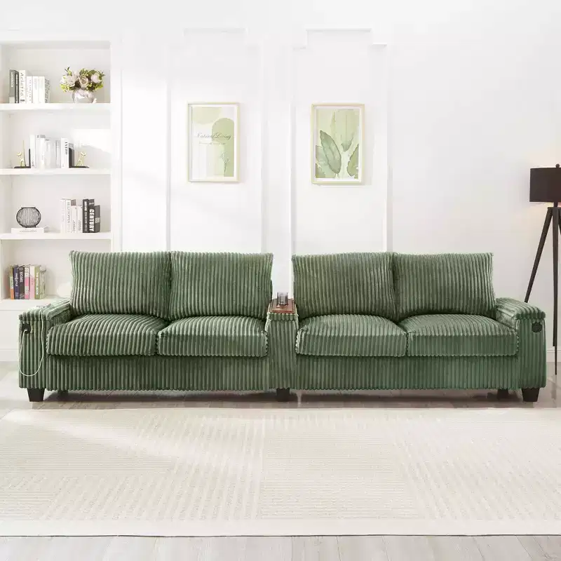 4 Seater Corduroy Sofa Couch 133 Modern Sofa with Ports Hidden Storage Arms Flip Top Cup Holders for Living Room Green