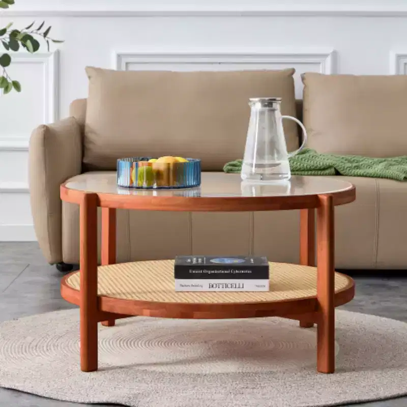 Modern minimalist circular double-layer solid wood coffee table, craft glass tabletop, second layer material: PE rattan, solid wood frame