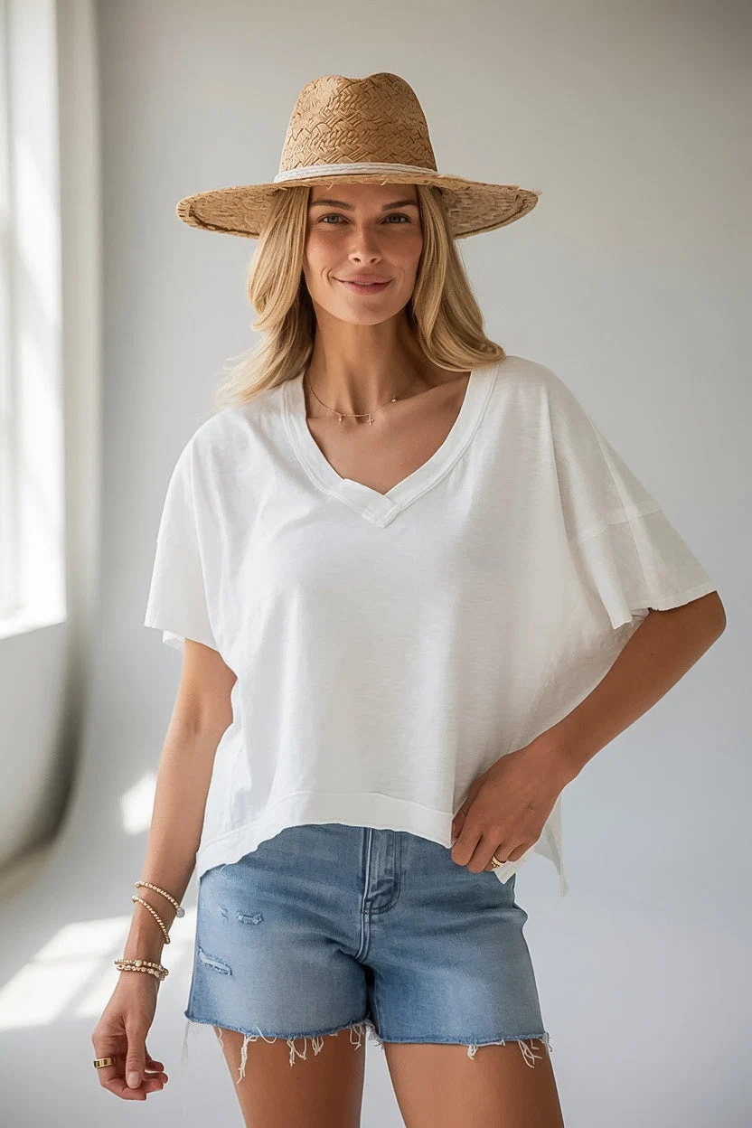 V-Neck Relaxed Short Sleeve Cotton Top