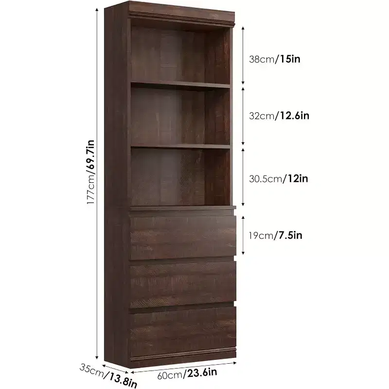 70 Tall Bookcase with Drawers, Deep Wooden Bookshelf Storage Cabinet Organizer, Farmhouse Style, Home Office/Living Room, Brown
