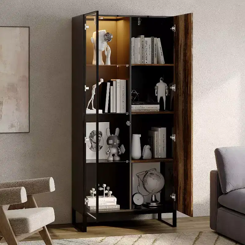 LED-Lighted Display Cabinet Bookcase Glass Wood Door Stylish Storage for Decor & Books Freestanding Cabinet