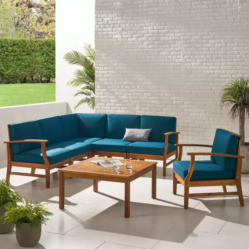 GDFStudio Abena Outdoor Acacia Wood 6 Seater Sectional Sofa and Club Chair Chat Set with Cushions