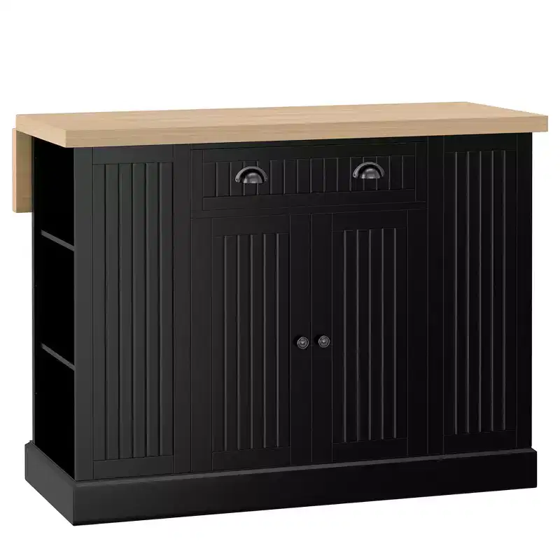 47 Fluted-Style Wooden Kitchen Island, Kitchen Countertop Storage Cabinet with Drop Leaf, Drawer, Open Shelves, Storage