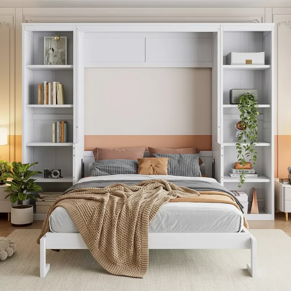 Queen/Full Size Wooden Murphy Bed with Desk and Storage Shelves, White