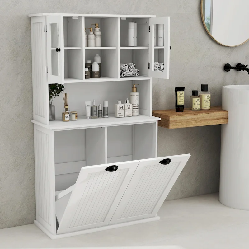 Two-Compartment Tilt-Out Dirty Laundry Basket Tall Bathroom Cabinet