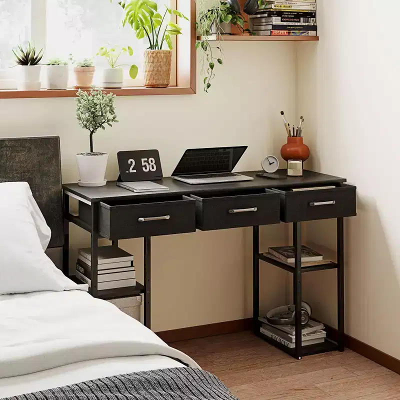 47in Writing Desk with 3 Fabric Drawers & Adjustable Shelves for Small Spaces, Black