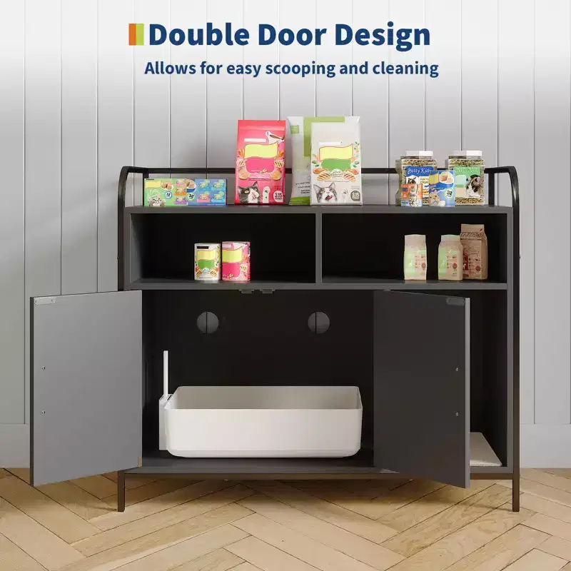 Cat Litter Box Enclosure, Multi-Functional Hidden Litter Cabinet with Barn Door, Ventilation & Side Entry