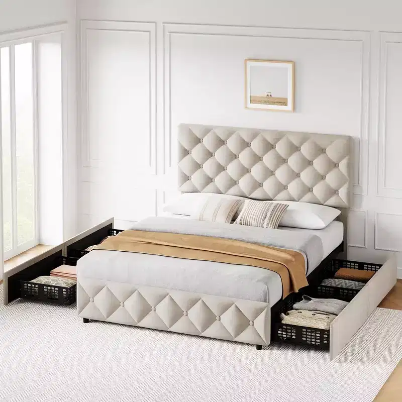Whizmax Bed Frame with 4 Storage Drawers, Linen Upholstered Platform Bed Frame with Adjustable Headboard, Diamond Stitched Button Tufted, Off White