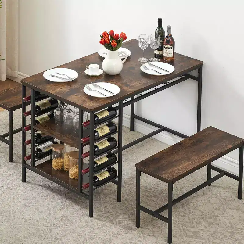 Dining Table Set for 4,Kitchen Table with 2 Benches,Wine Rack and Storage Shelf, Rectangular Dining Room Table Set,3 Piece Dining Table Set for Space