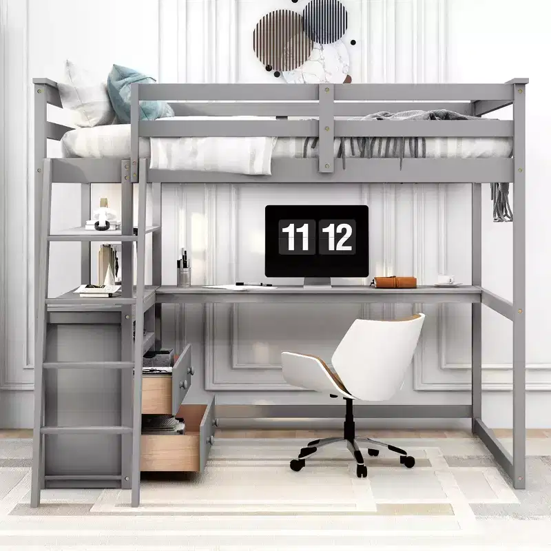 Full Size Loft Bed with Desk, Shelf and Two Built-in Drawers