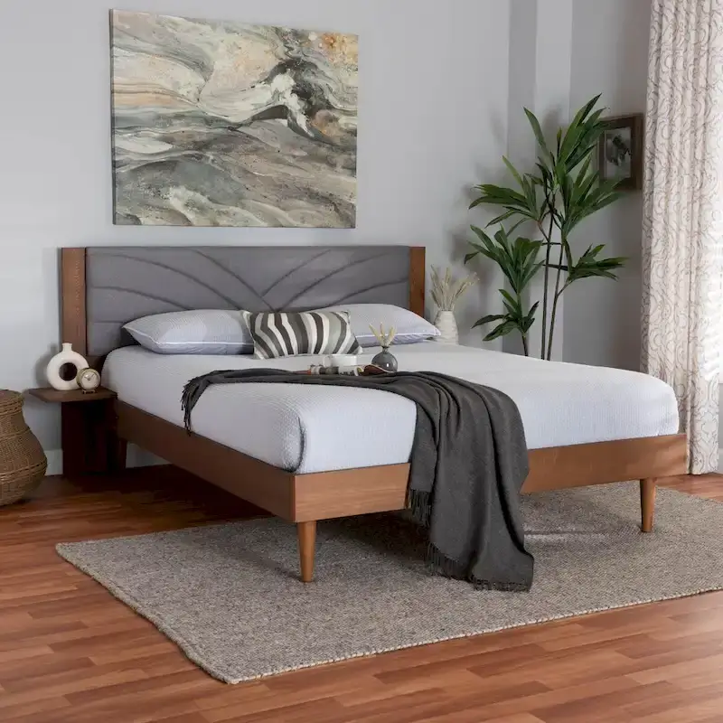 Mid-Century Modern Grey Fabric and Walnut Brown Wood Queen Size Platform Bed With Floating Side Table