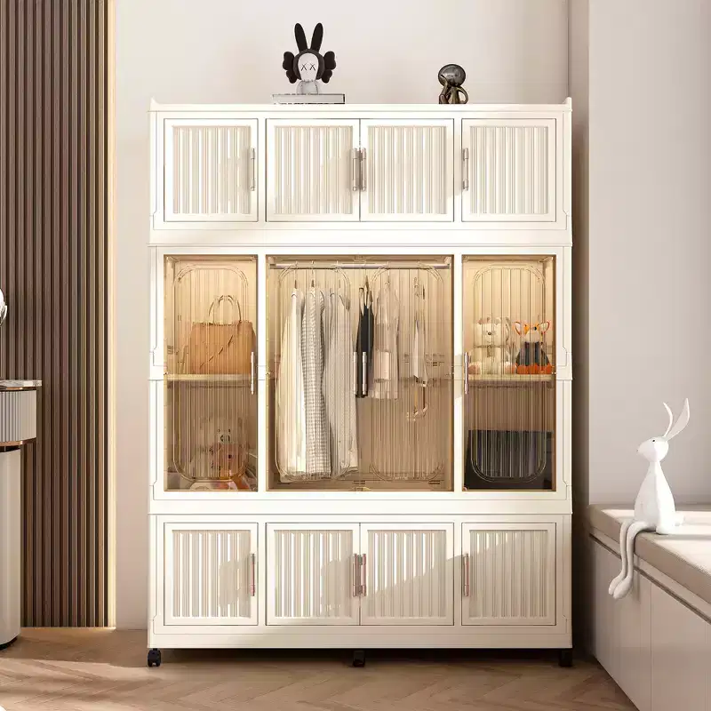 Portable Wardrobe Closet Storage Organizer for Clothes, Wardrobe Storage Cabinet with Magnetic Transparent Door & Hanging Rod for Living Room Bedroom