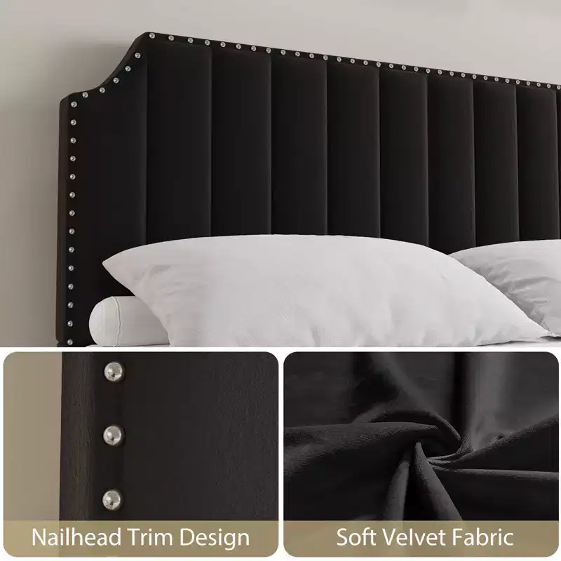 KING Upholstered Platform Bed Frame  KING Size, Wooden Slats Support, No Box Spring Needed  Headboard & Footboard, Black