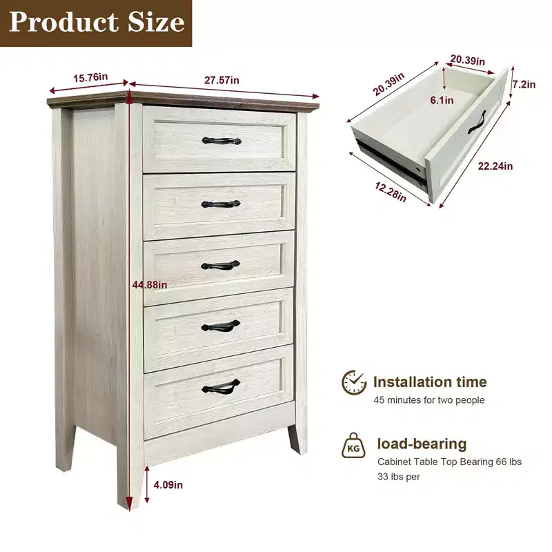 5 Drawers Dresser for Bedroom, Wood Rustic Tall Chset of Drawers, Farmhouse Dresser Chests with Storage Organizer