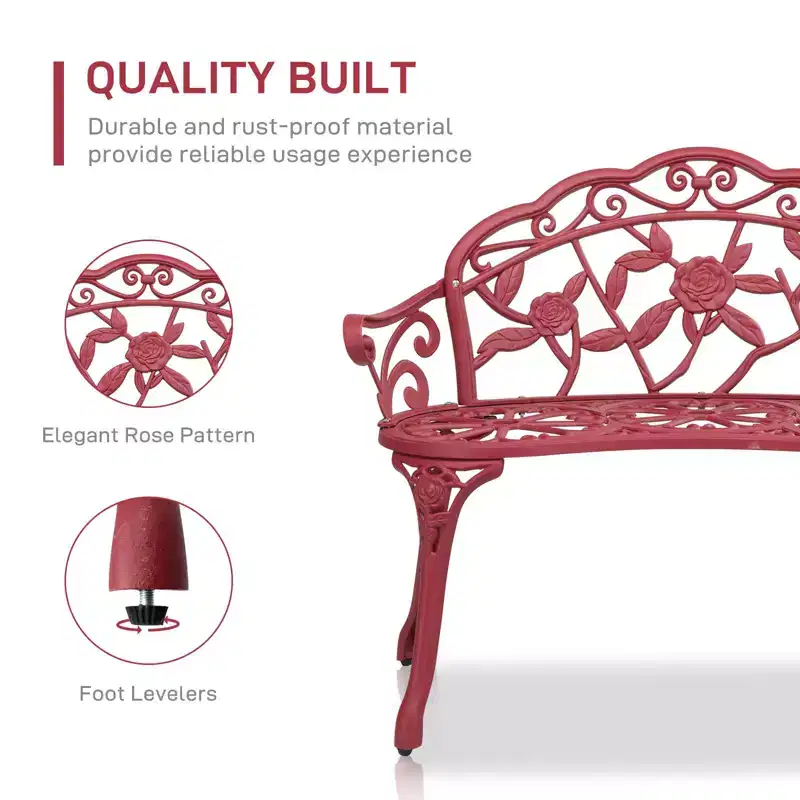 Karl Home | 38.5-Inch Red Aluminum Garden Bench with Floral Backrest